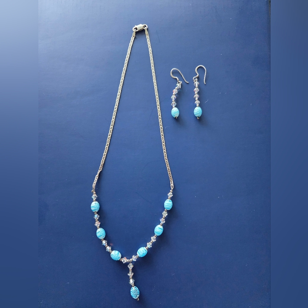 Chic Sterling Silver and Blue Beads Necklace Set